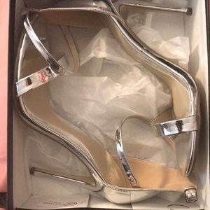 Flat two strap barely there silver heels